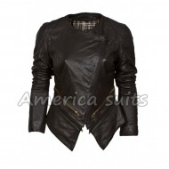 Biker Black Collarless Leather Jacket Women