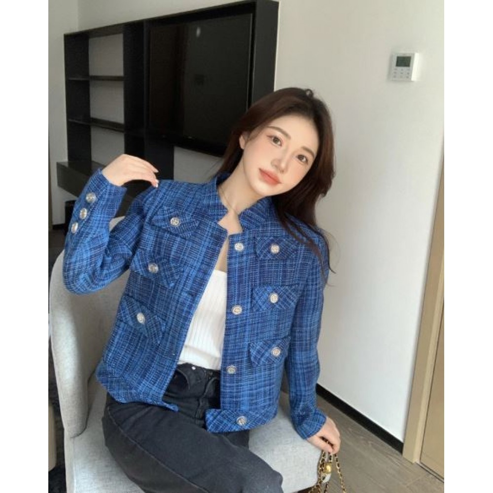 BlackPink Jennie Blue Plaid Tweed Jacket