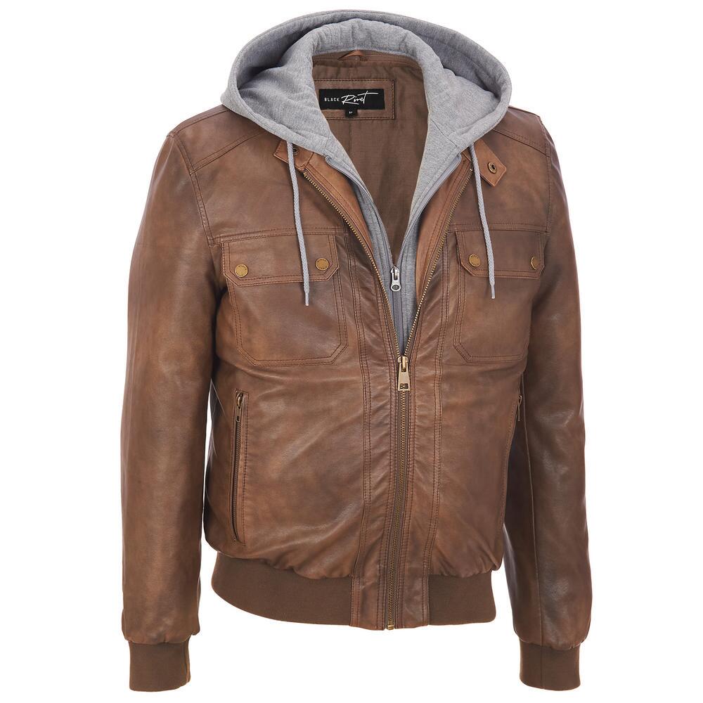 Brown Rivet Faux Leather Hooded Bomber Jacket | americasuits.com
