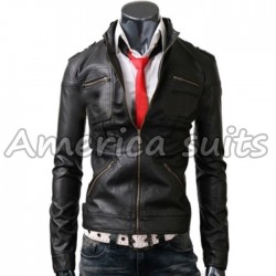 Regular Slim Fit Genuine Leather Fashionable Jackets In Black Color
