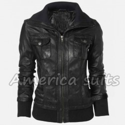 Double Collar Black Leather Bomber Women Leather Jacket