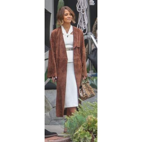 Halle Berry Brown Suede Trench Coat Women's Celebrity Leather