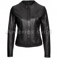 Ladies Black Leather Collar Less Stylish jacket