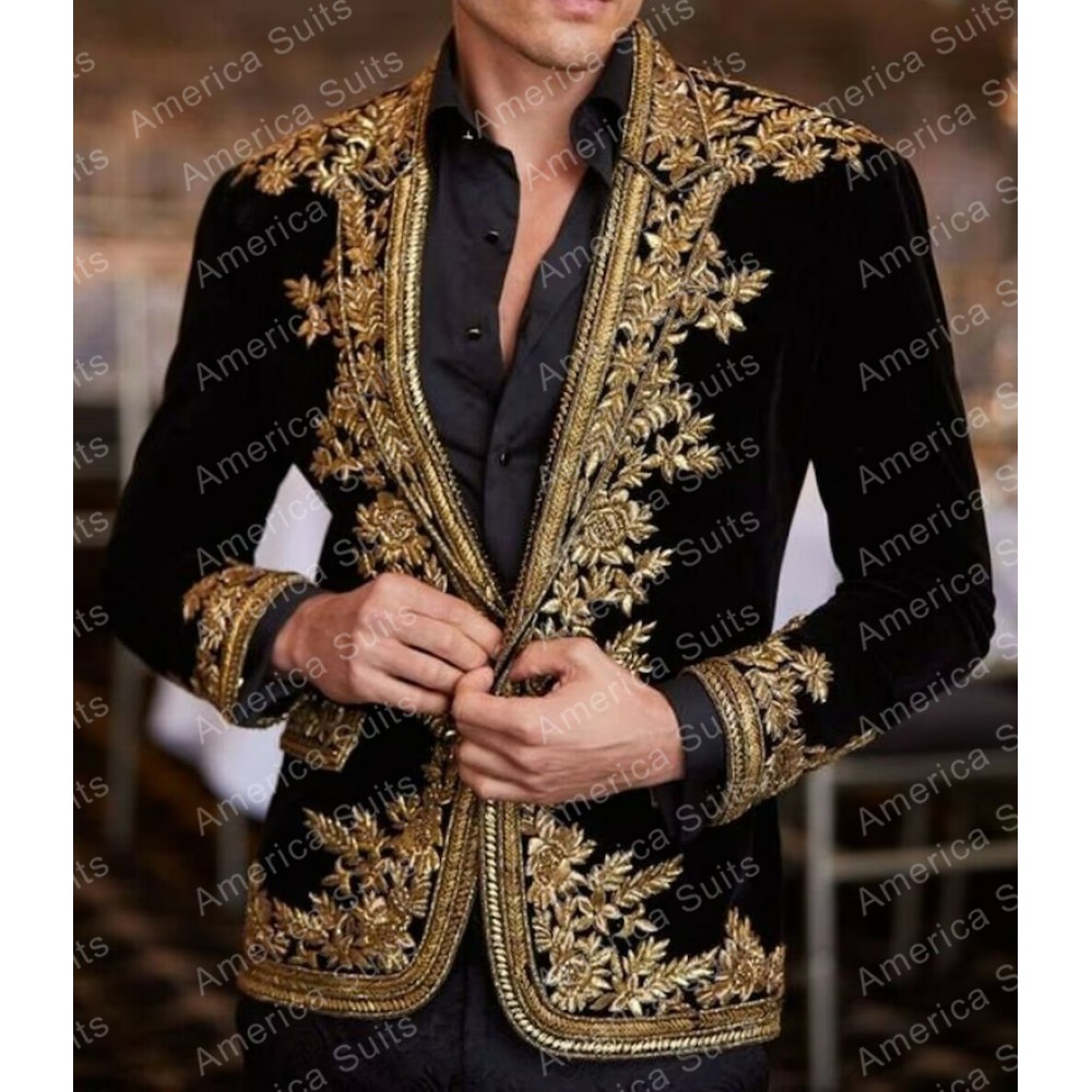 thumbnail image 2 of Men's One Button Blazer Jacket With Gold Embroidery - Casual Sport Coat For Formal & Business Wear 2 of 12