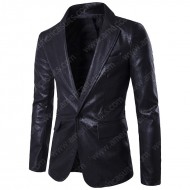 Men's stylish One Button Front Closure Leather Blazer In Black