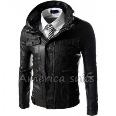 Black Genuine leather Moto Jacket For Men