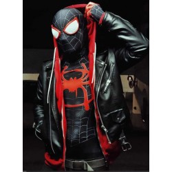 Spider Man Miles Morales Red Hoodie Biker Black Jacket