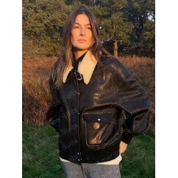 Alexa Chung Flight Bomber Black Leather Jacket
