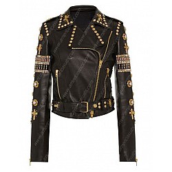 Black And Golden Embroidered Leather Jacket