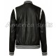 Men Black Leather Bomber Jacket With Ribbed Cuffs And Collar