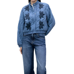 Blue Quilted Bomber Floral Embroidery