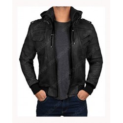 Bomber Black Leather Jacket With Removable Hoodie