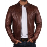 Brown Men Leather Bomber Jacket