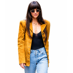 Dakota Johnson Mustard Suede Leather Blazer