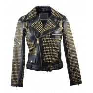 Golden Studded Biker Leather Jacket
