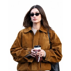 Hailey Bieber Brown Suede Leather Jacket