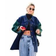 Hailey Bieber Oversized Denim Plaid Sleeve Jacket