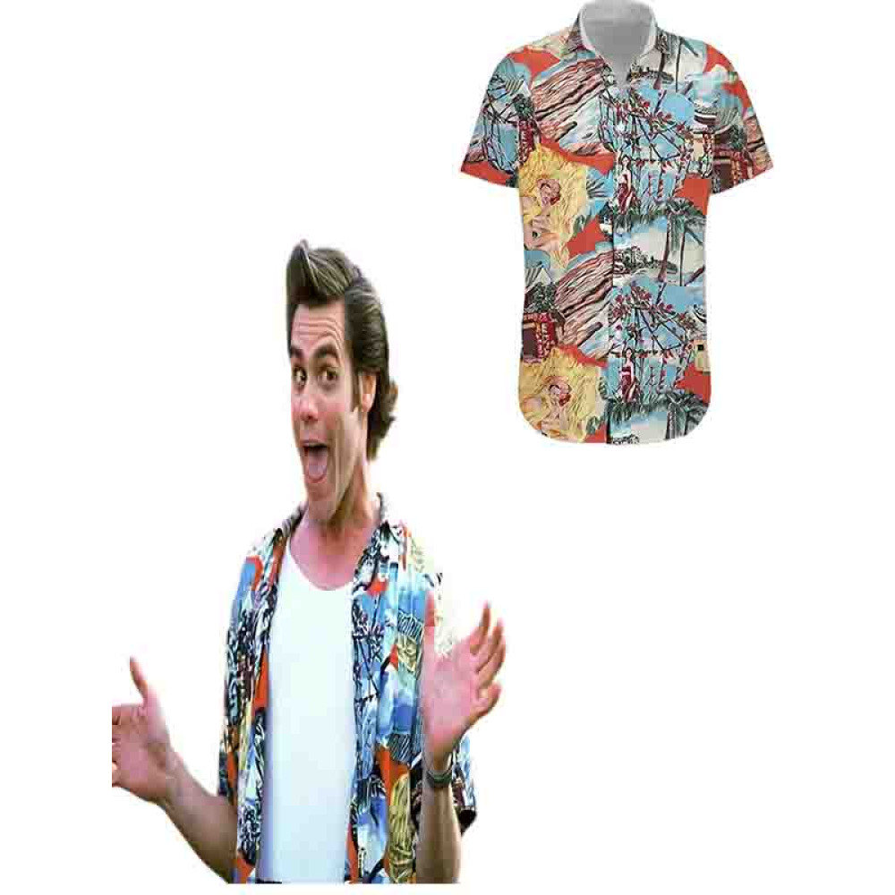 NUWIND Huisdieronderzoeker Jim Carrey voor heren, film, verkleedjurk, Hawaiiaans shirt, rood en zwart gestreepte broek, riemvest, Halloween, carnaval, cosplay (veelkleurig, S