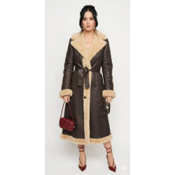 Katy Perry Long Shearling Brown Leather Coat
