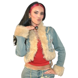 Kylie Cantrall Blue Fox Fur Cropped Denim Jacket