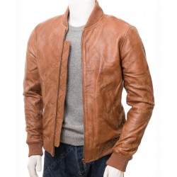 Tan Leather Bomber Jacket