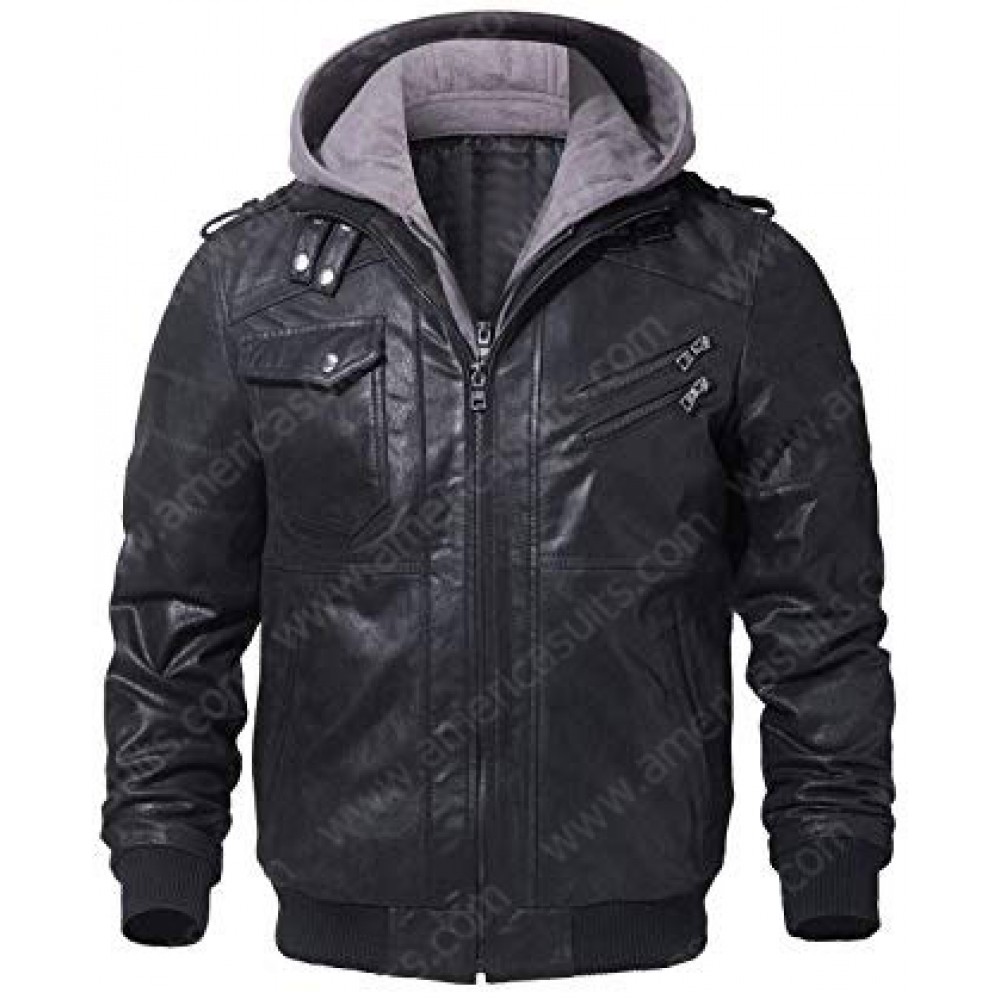 Long Sleeves Black Leather Jacket With Removable Hood