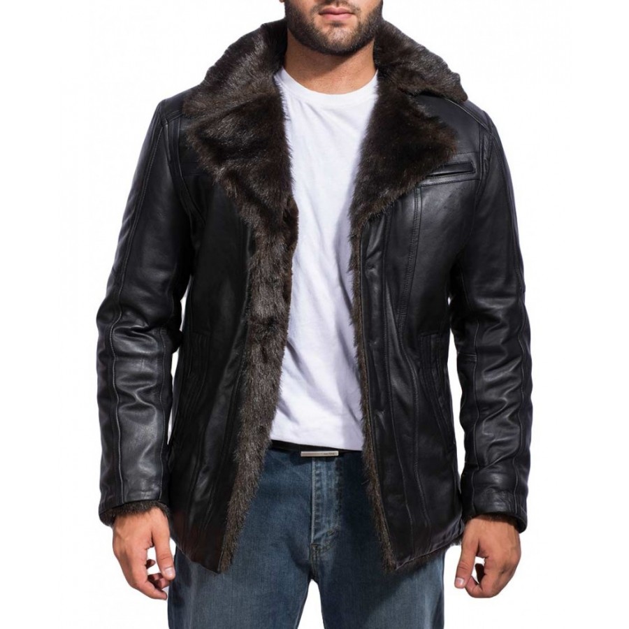 Men Black Fur Leather Jacket