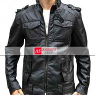Men Black Leather Banded Collar Jacket