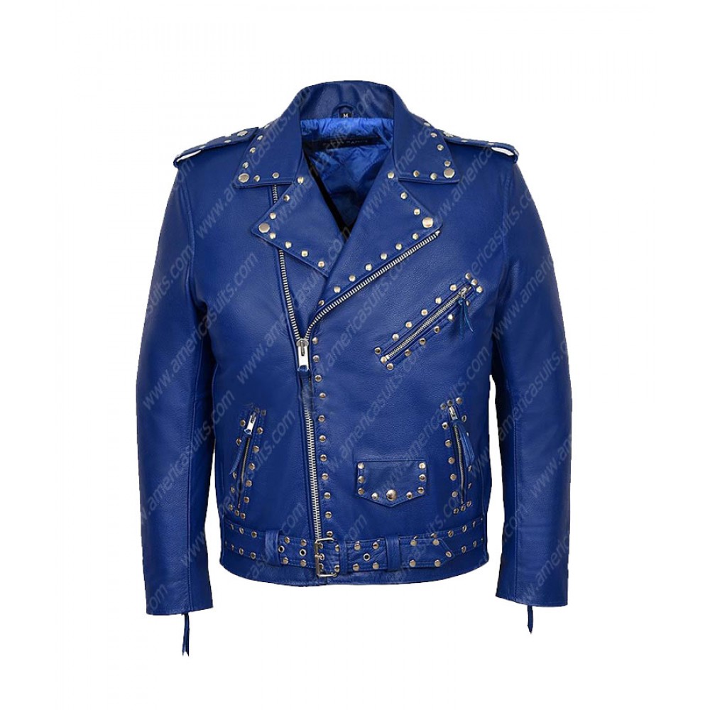 Men Blue Studded Motorcycle Jacket