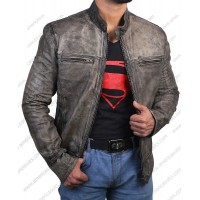 Men Gray Waxed Cafe Racer Leather Jacket