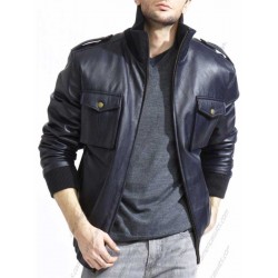 Men Navy Blue Bomber Leather Jacket