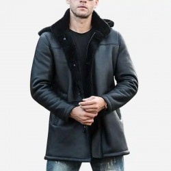 Men’s Black Shearling Fur Leather Trench Coat with Hood