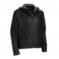 Mens Black Faux Leather Hooded Jacket