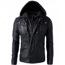Mens Black Faux Leather Jacket with Hood