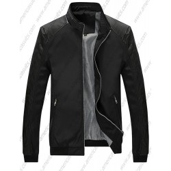 Mens Casual Stand Up Collar Slim Leather Sleeves Bomber Jacket