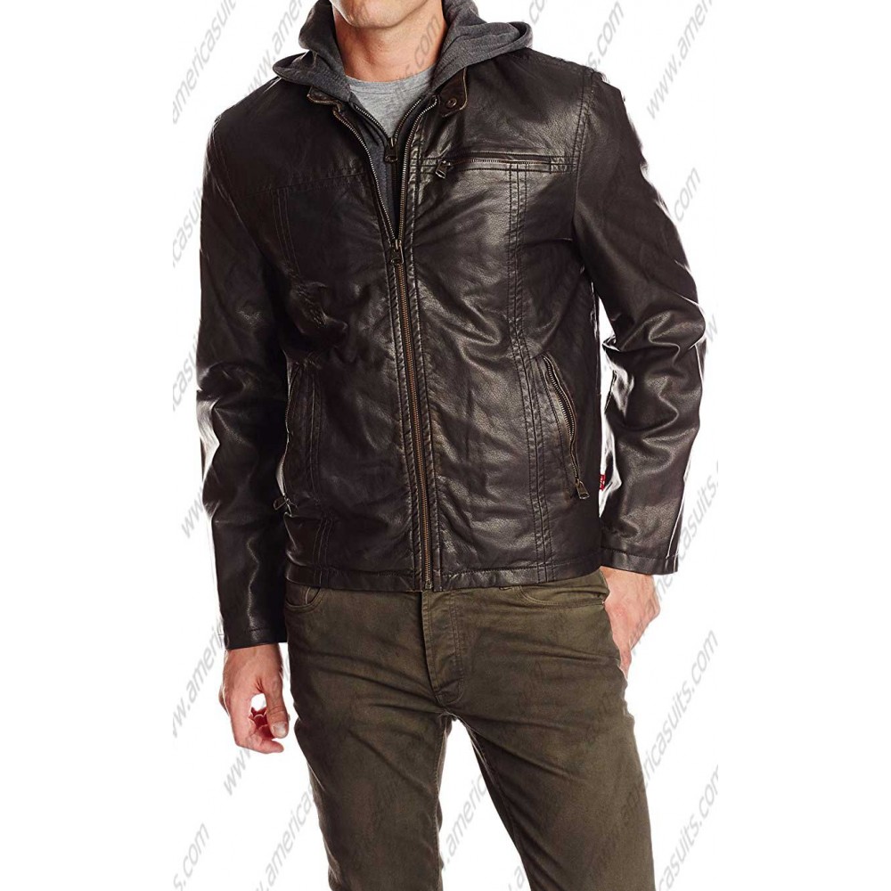 Mens Faux Leather Jacket With Hood