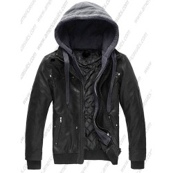 Mens Faux Leather Jacket With Removable Hood