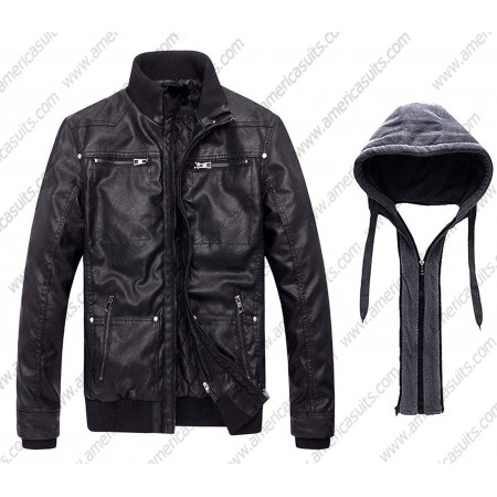 Fashion removable hooded leather moto jacket