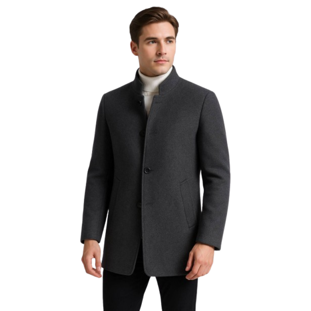 Mens Grey Wool Stand Collar Coat