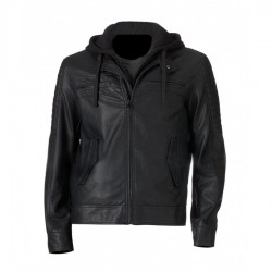 Mens Hooded Black Faux Leather Moto Jacket