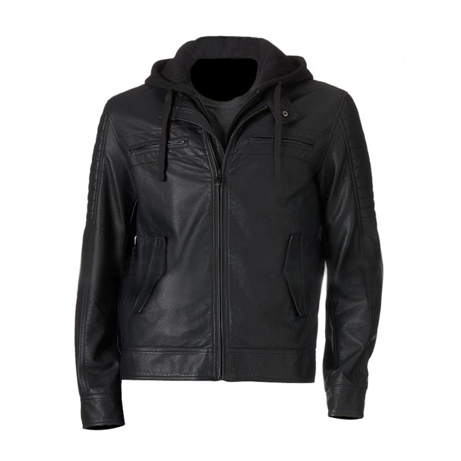 hooded faux leather moto jacket