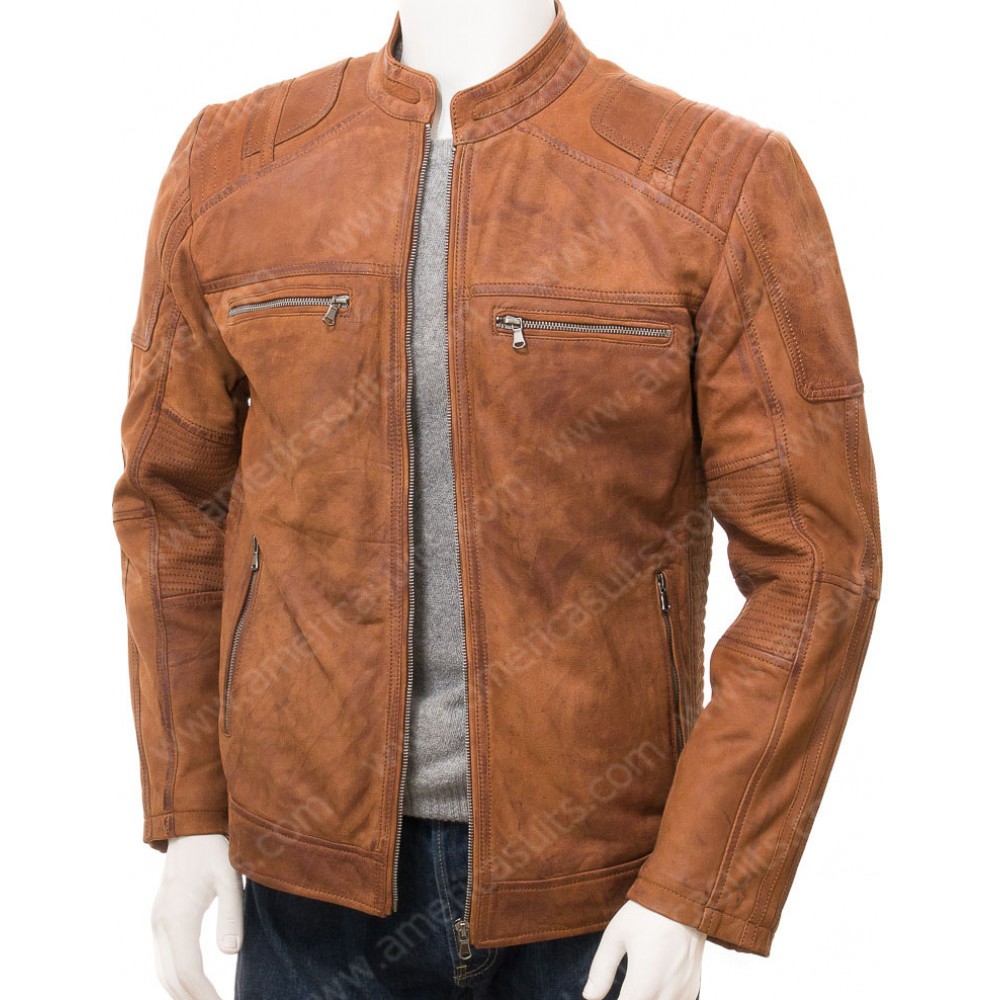 Mens Tan Leather Jacket with Outside Pockets