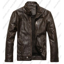 Mens Vintage Stand Up Collar Leather Jacket