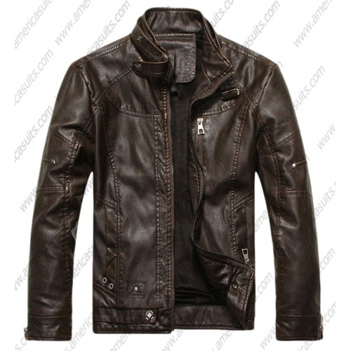 Mens Vintage Stand Up Collar Leather Jacket