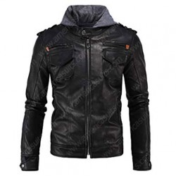 Racer Stand Collar Hooded Leather Jacket