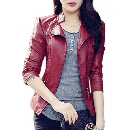 Red faux leather jacket womens sales