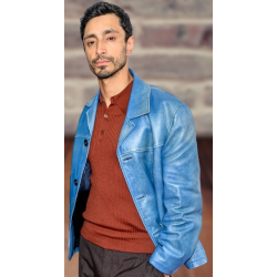 Riz Ahmed Blue Distressed Leather Jacket