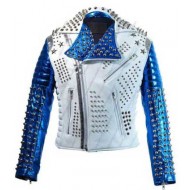 Silver Studded White And Blue Biker Jacket