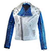 Silver Studded White And Blue Biker Jacket