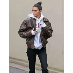 Street Style Kendall Jenner Brown Leather Jacket